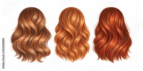three copper hair swatches in different colour style isolated on white background