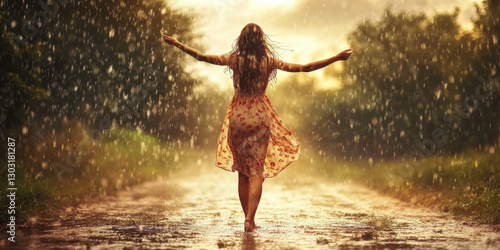 Happy young woman in a flowing dress dancing freely in the rain at sunset on a scenic road


