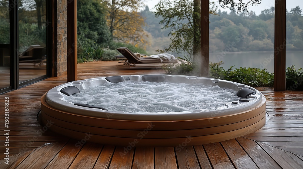 a large round hot tub with a wooden deck surrounding it