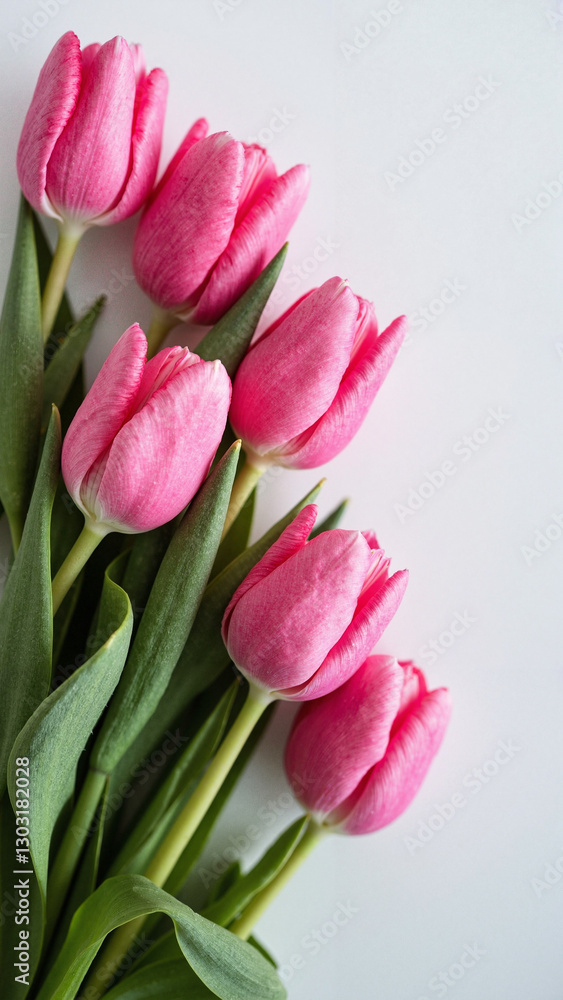 Vibrant Pink Tulips on White Background: Elegant Floral Arrangement for Mother's Day Promotions and Gift Shop Marketing Vibrant Pink Tulips on White Background: Elegant Floral Arrangement for Mother's Day Promotions and Gift Shop Marketing