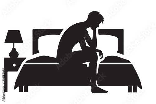 Silhouette Man Sitting on Bed Deep in Thought Illustration