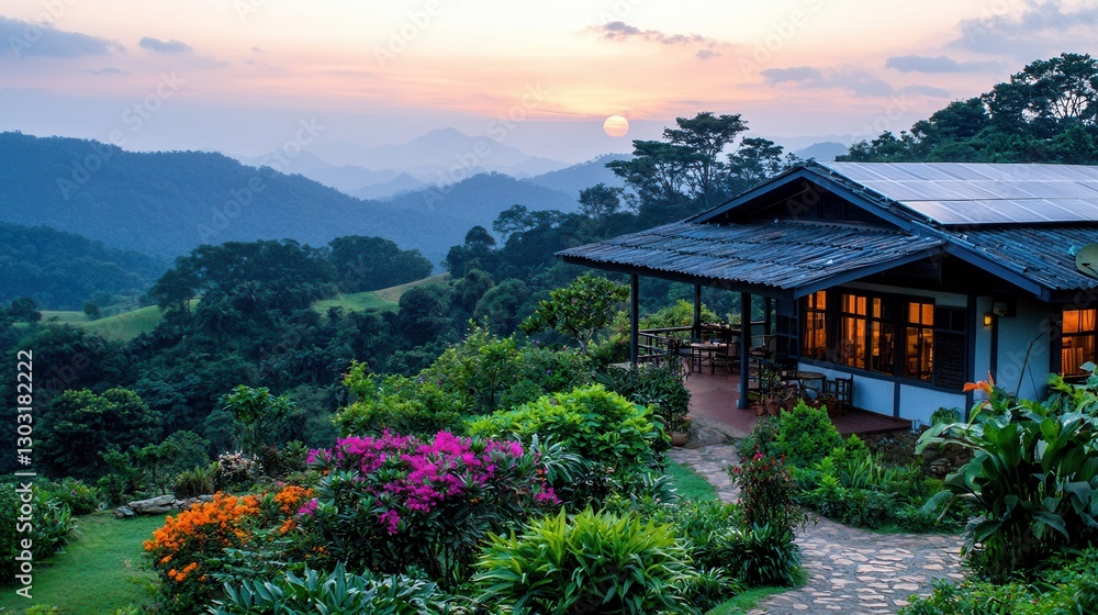 Scenic Mountain Retreat with Lush Gardens and Sunset View in Serene Landscape Scenic Mountain Retreat with Lush Gardens and Sunset View in Serene Landscape