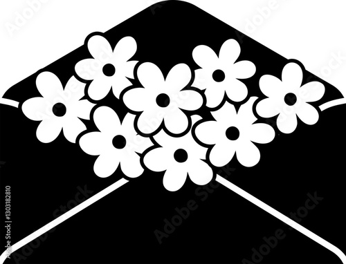 Envelope filled with flowers silhouette flat vector illustration Isolated.
Cute flower in letter mail present and gift silhouette design.
Good for greeting card,poster, banner,leaflet.
