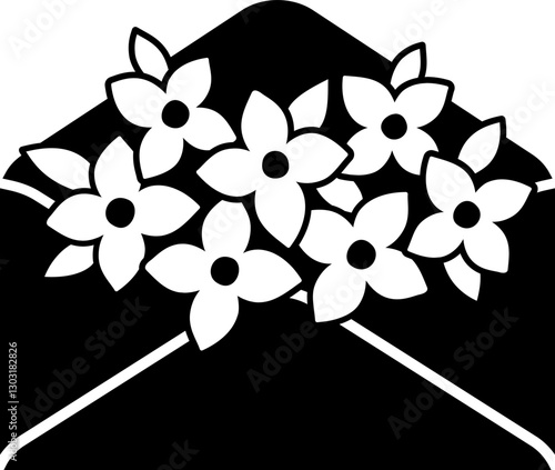 Envelope filled with flowers silhouette flat vector illustration Isolated.
Cute flower in letter mail present and gift silhouette design.
Good for greeting card,poster, banner,leaflet.
