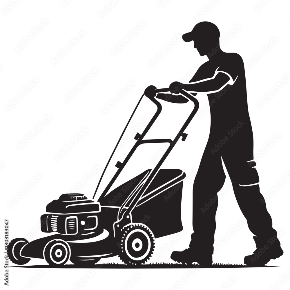 Silhouette Man Mowing Lawn with Mower Vector Landscaping Service Design Silhouette Man Mowing Lawn with Mower Vector Landscaping Service Design