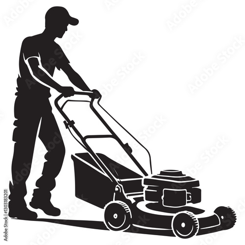 Silhouette Man Mowing Lawn with Mower Vector Landscaping Graphic Design