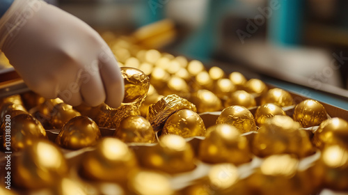 Hand selecting golden chocolate pieces in a confectionery with chocolate treats and packaging