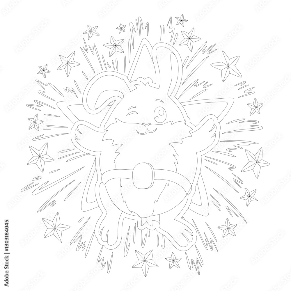 Obraz premium Coloring book art with Bunny, firework and stars