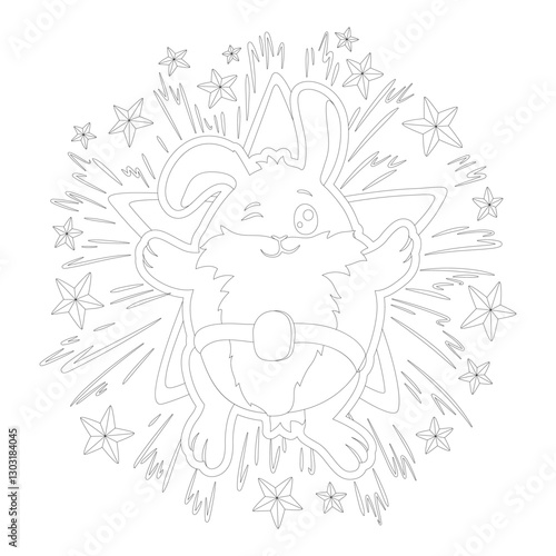 Coloring book art with Bunny, firework and stars