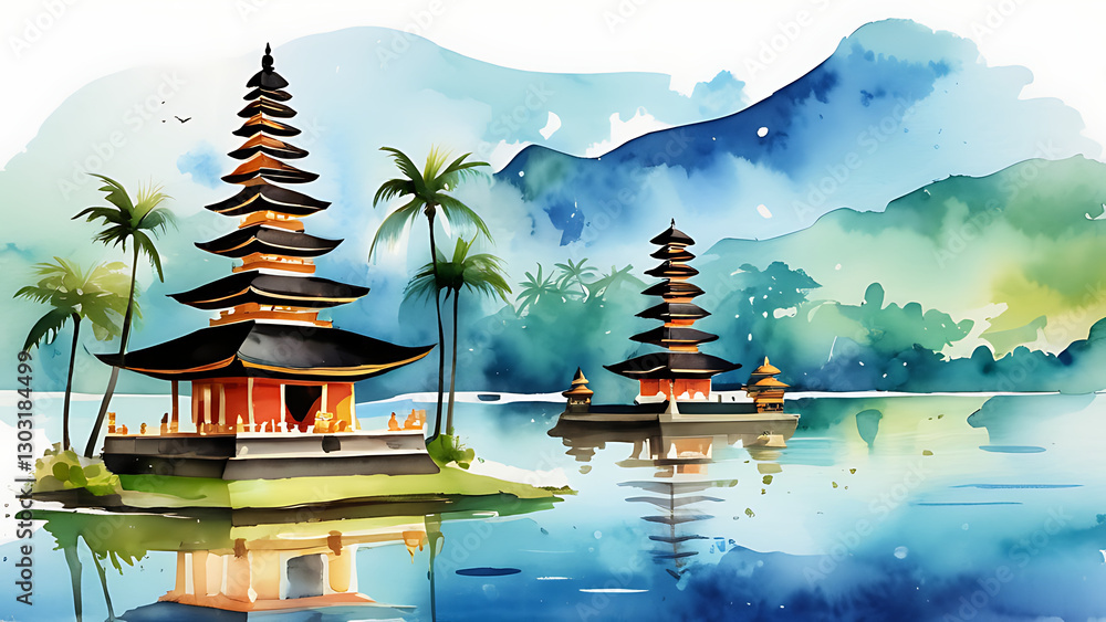 Obraz premium Ulun Danu Beratan Temple Watercolor Painting with Lake and Mountain View