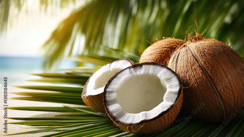Fresh Coconut Halves on Exotic Palm Leaves with Tropical Background Fresh Coconut Halves on Exotic Palm Leaves with Tropical Background