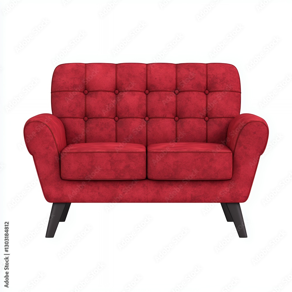 Fototapeta premium Red Velvet Tufted Loveseat with Dark Wooden Legs