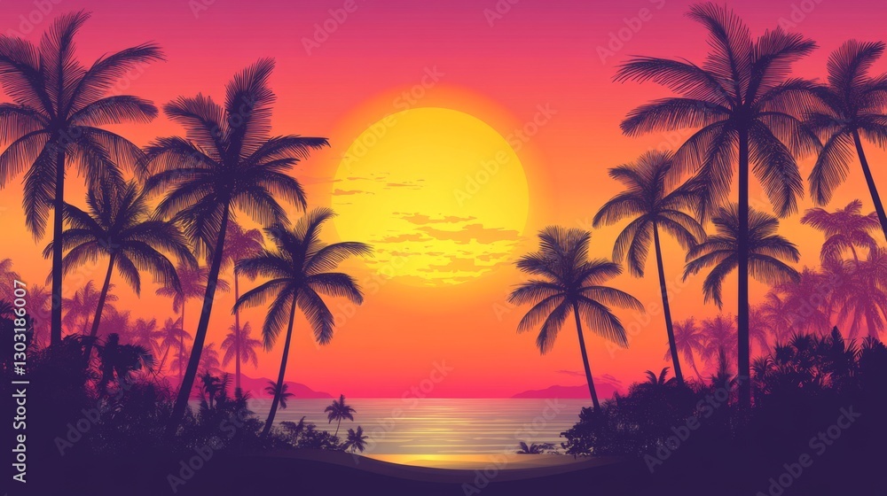 Vibrant sunset over tropical beach with silhouetted palm trees and ocean view Vibrant sunset over tropical beach with silhouetted palm trees and ocean view