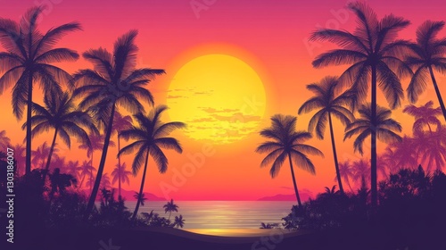 Vibrant sunset over tropical beach with silhouetted palm trees and ocean view
