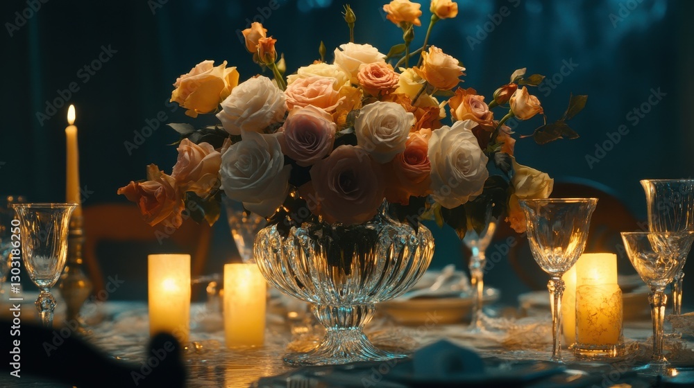 Fototapeta premium Romantic Dinner Setting with Mixed Roses in Vase