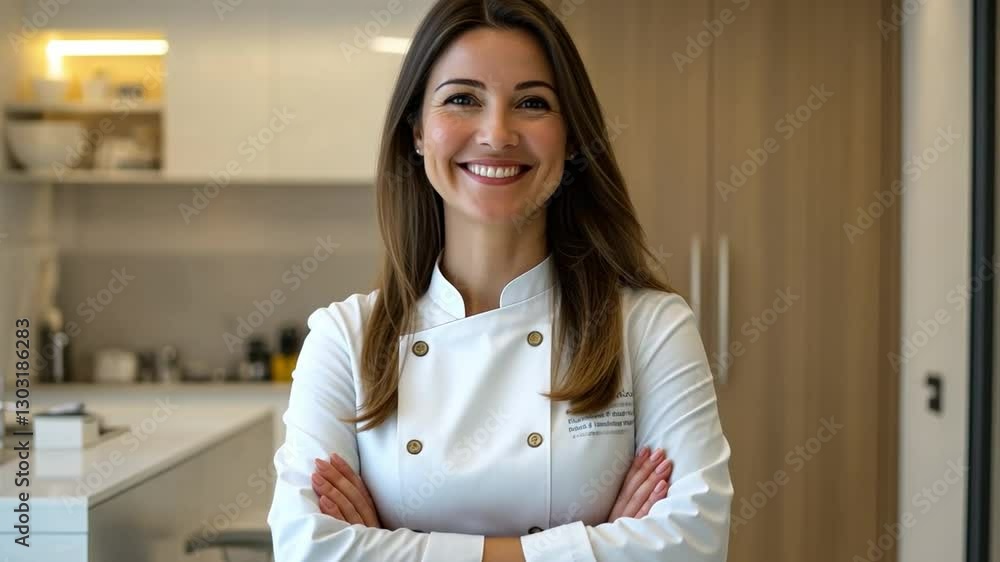 Culinary Confidence: A smiling female chef in her pristine kitchen, radiating expertise and warmth, ready to create delicious dishes. Culinary Confidence: A smiling female chef in her pristine kitchen, radiating expertise and warmth, ready to create delicious dishes.