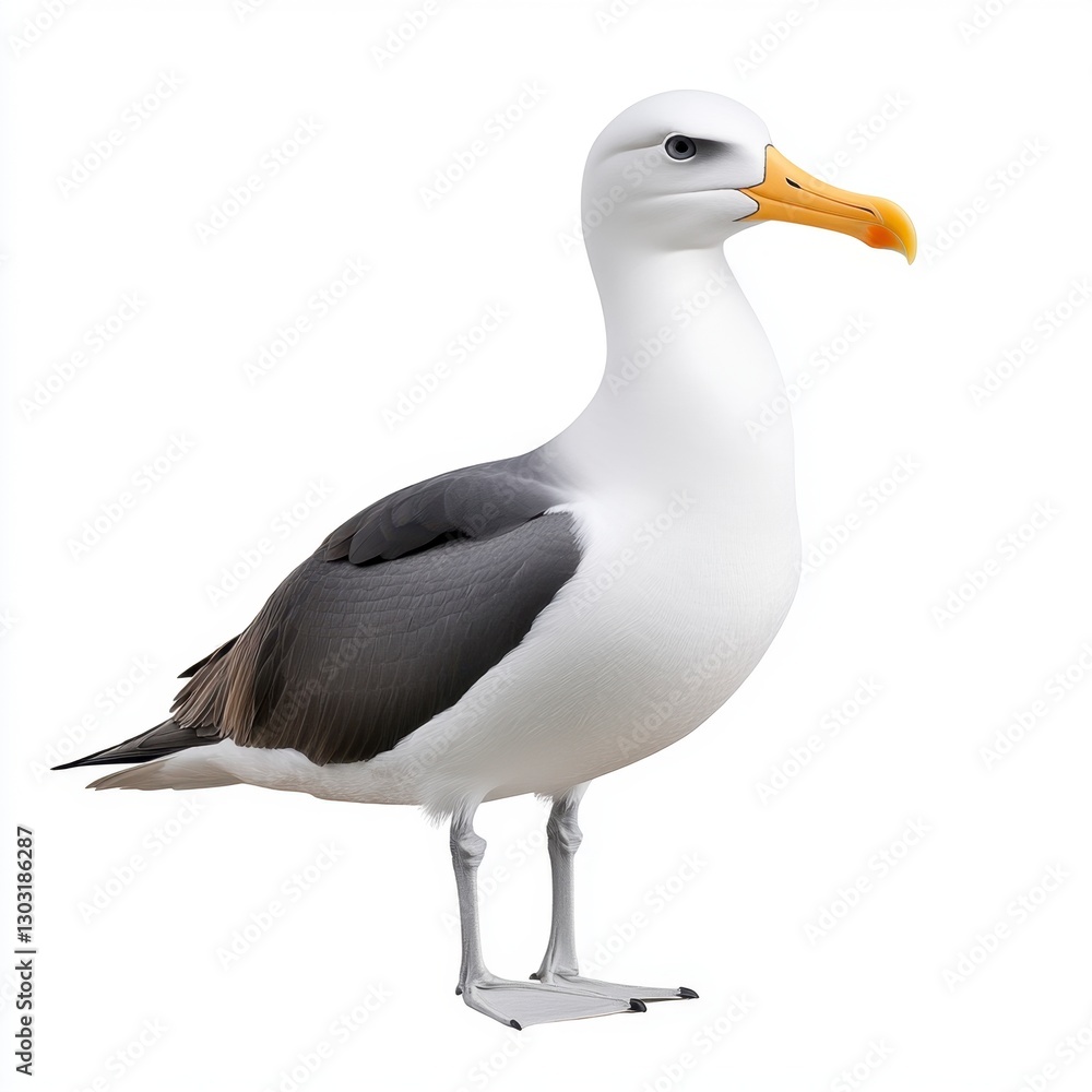 Fototapeta premium White and gray albatross standing on white background. Detailed view of bird's plumage, beak, and feet. Profile view of a seabird