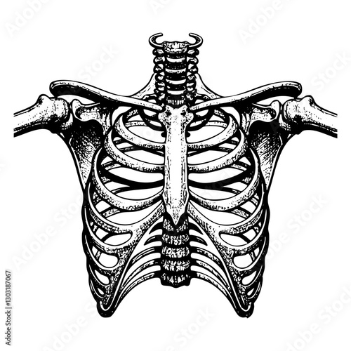 Chest bone sketch engraving black and white outline. Scratch board imitation.
