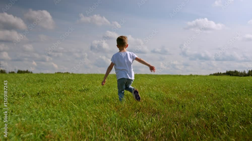 Little boy runs through a green field of grass happily spreading her arms to the side in summer in sunny weather. Happy childhood Little boy runs through a green field of grass happily spreading her arms to the side in summer in sunny weather. Happy childhood