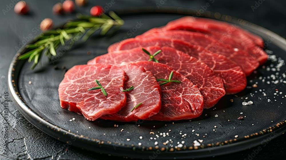 Sliced raw beef arranged on a textured dark serving plate Sliced raw beef arranged on a textured dark serving plate