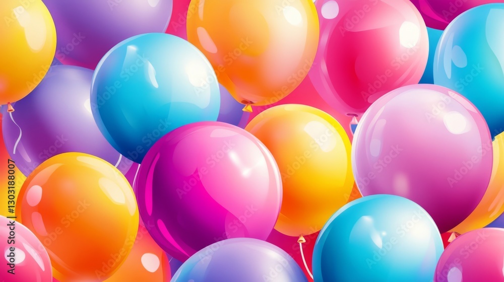 Colorful festive helium balloons with glossy surface against bright pink background Colorful festive helium balloons with glossy surface against bright pink background
