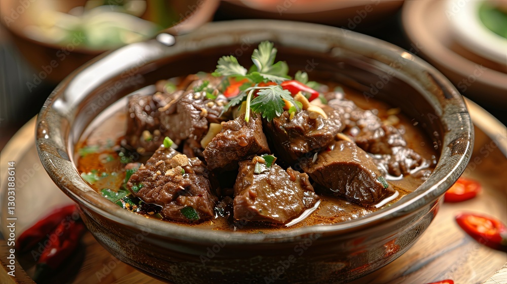 Savory stewed meat dish served in a rustic ceramic bowl Savory stewed meat dish served in a rustic ceramic bowl