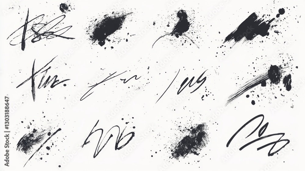 Abstract black ink strokes and splatters on white background Abstract black ink strokes and splatters on white background