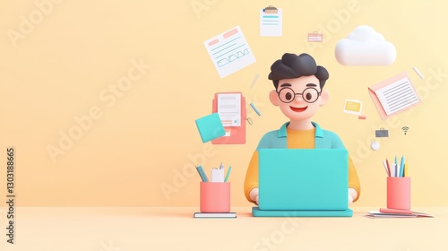 Happy Student Online Learning - 3D Render