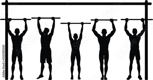 Pull-up bar exercise silhouette vector icons male figures in motion, perfect for gym signs