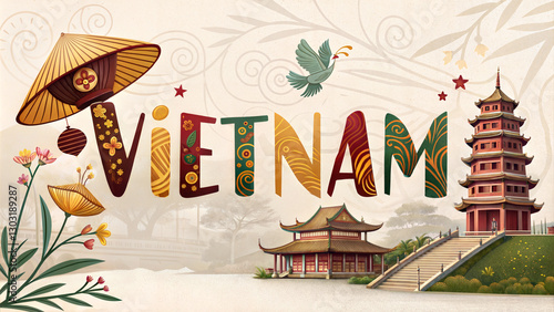 Artistic Vietnam typography with cultural symbols, traditional conical hat, pagodas, and nature-inspired details, decorative travel illustration for tourism, heritage, and design projects