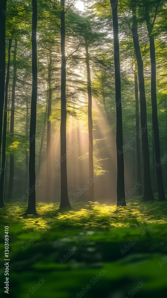 Obraz premium Sunlight streams through misty forest