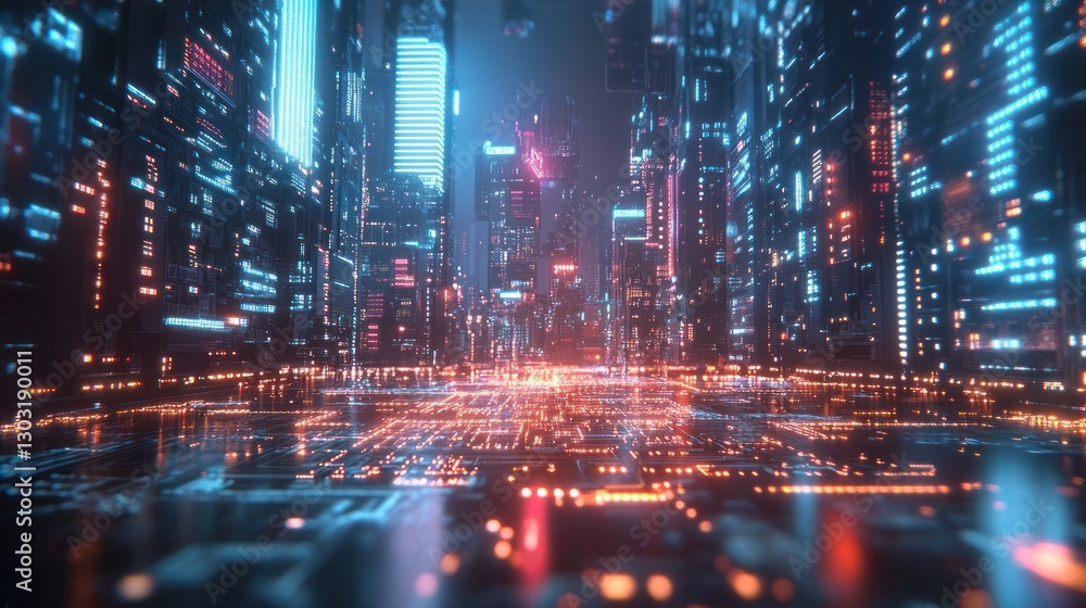 Futuristic cityscape at night with glowing neon lights and digital circuitry. Futuristic cityscape at night with glowing neon lights and digital circuitry.