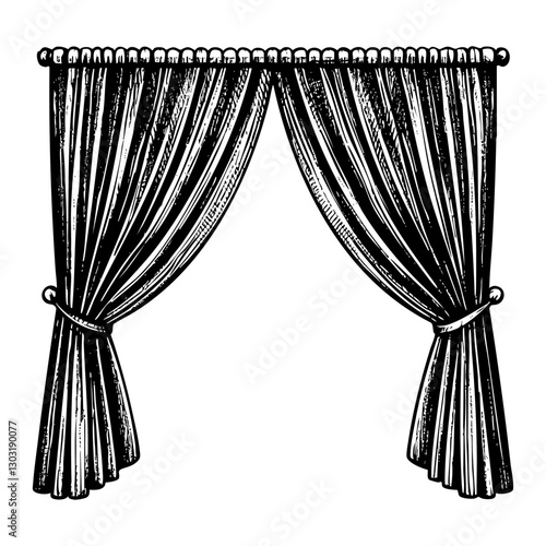 Curtain sketch engraving black and white outline. Scratch board imitation.
