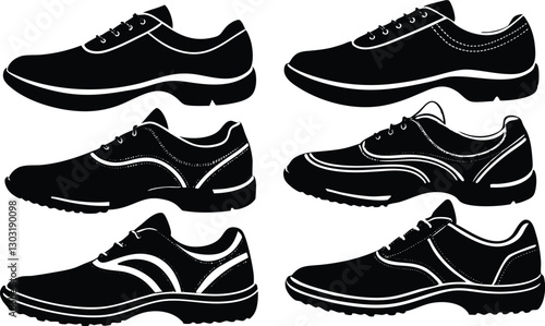 Sporty running shoe silhouette vector icon collection for sportswear branding, workout flyers, and athletic-themed