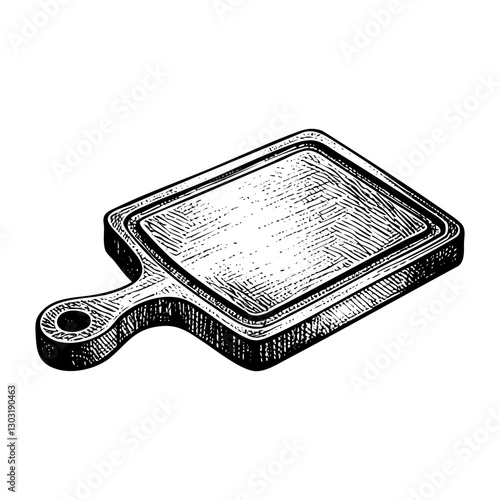 Wooden cutting board sketch engraving black and white outline. Scratch board imitation.  illustrated in vintage line art style on a white background.