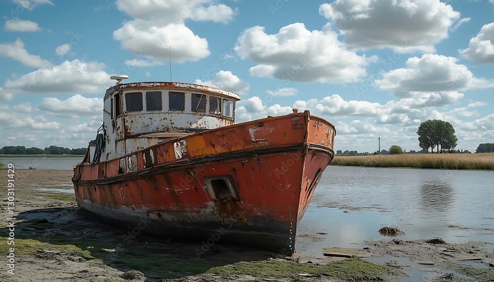Rusty boat aground, Dutch riverbank Rusty boat aground, Dutch riverbank