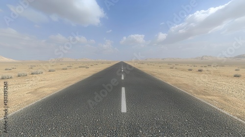 Asphalt Road Cutting Through a Desert Landscape Under a Blue Sky with Clouds