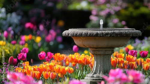 Serene Garden Fountain with Vibrant Tulips in Bloom