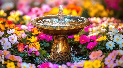 Serene Garden Fountain Surrounded by Vibrant Blossoms