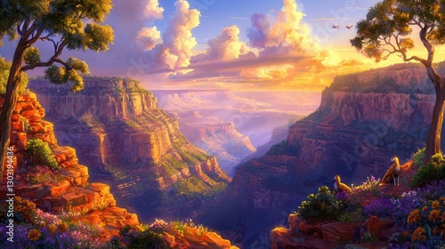 Majestic Sunset over a Grand Canyon Landscape with Birds