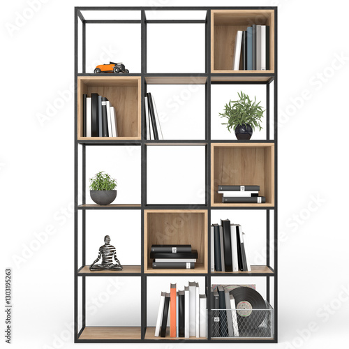Loft style shelving unit made of metal and wooden shelves for accessories