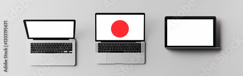 Global Connectivity: Modern laptops showcasing the flag of Japan, symbolizing digital access and international connectivity. 