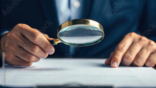 person hands holding magnifying glass over document, examining details closely. focused expression conveys curiosity and attention to detail