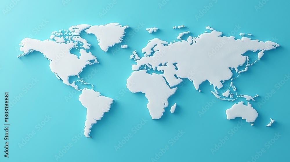3D white world map placed against a light blue background showcasing global geography and geography education 3D white world map placed against a light blue background showcasing global geography and geography education