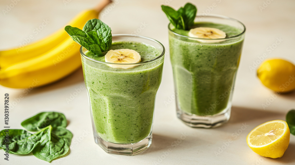 Refreshing Green Smoothie with Spinach, Banana, and Lemon Slices Refreshing Green Smoothie with Spinach, Banana, and Lemon Slices