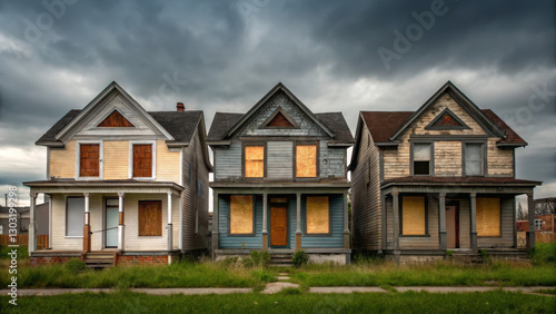 Abandoned homes in disrepair with boarded up windows under cloudy sky. scene evokes sense of neglect and decay, highlighting impact of time on these structures