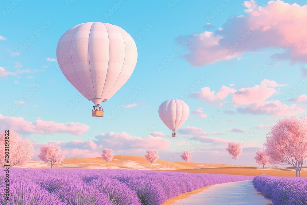 Obraz premium Floating hot air balloons over a dreamy lavender field during golden hour, soft pastel sky