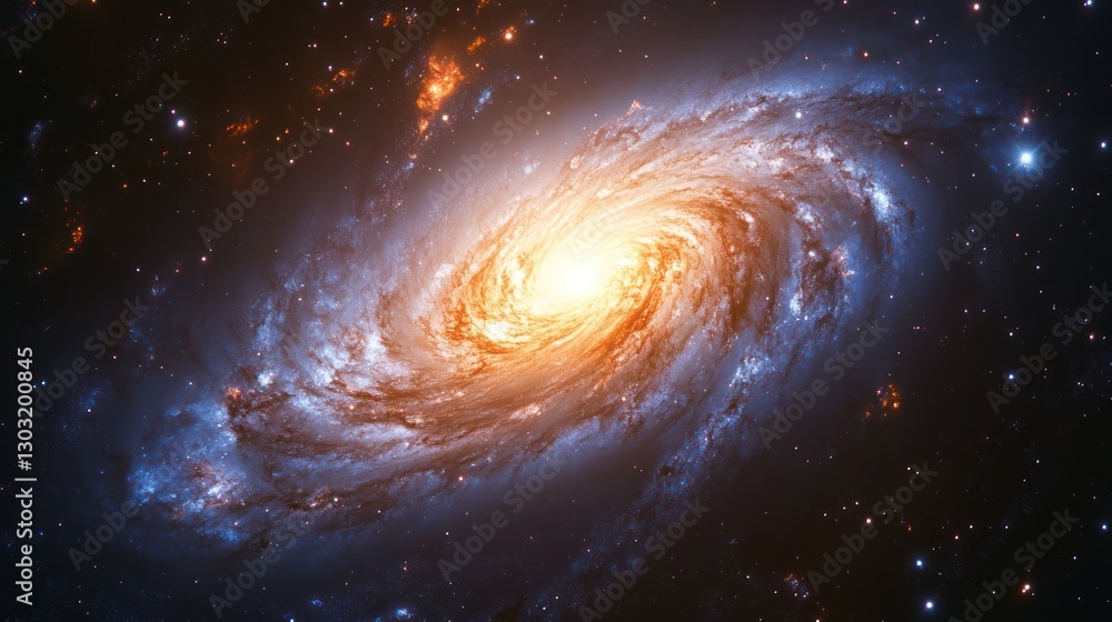 Fototapeta premium Spiral galaxy with bright core and swirling arms in deep space. (1)