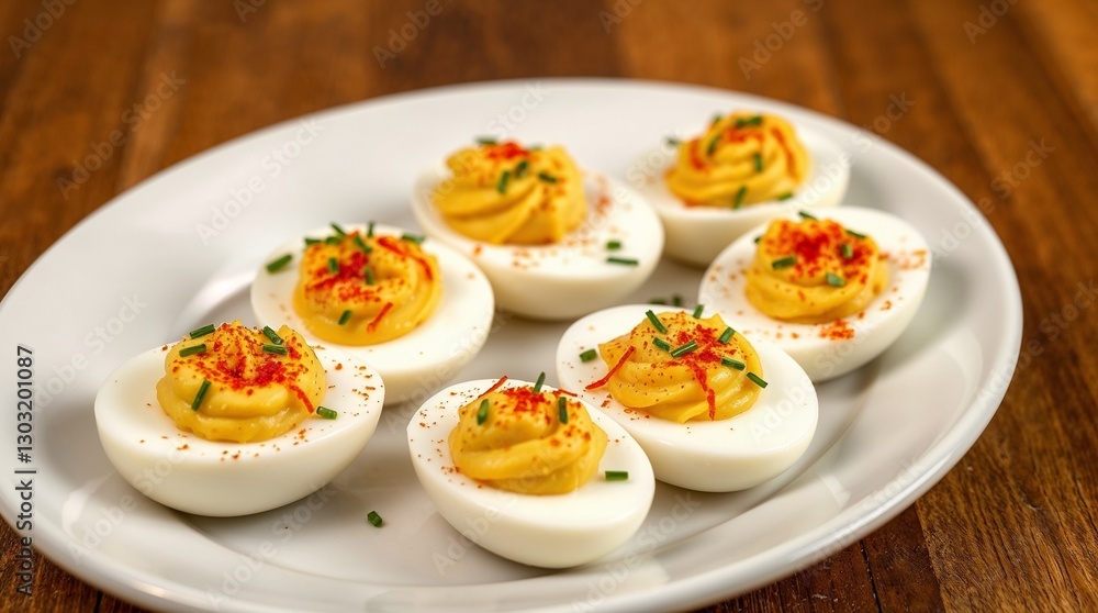 Deviled Eggs with Green Onion and Paprika on a White Dish on a Wooden Table Deviled Eggs with Green Onion and Paprika on a White Dish on a Wooden Table