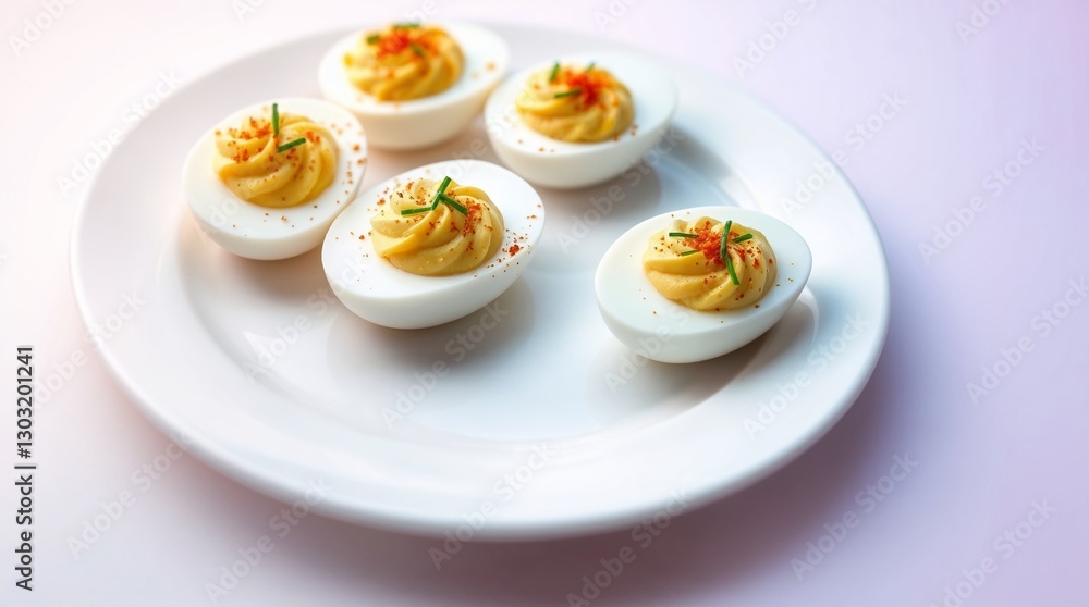Deviled Eggs Stuffed with Creamy Mixture, Green Onion, and Paprika on a White Plate Deviled Eggs Stuffed with Creamy Mixture, Green Onion, and Paprika on a White Plate